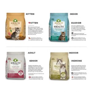 Infographic illustrating the different 4health cat food formulas for various life stages.