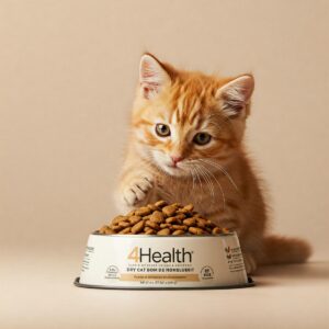 Close-up of 4health senior cat food with chicken recipe kibble.