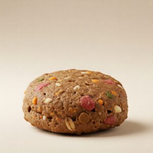 Close-up of a large compressed nugget made of various Applaws cat food ingredients.