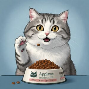 Cartoon-style gray and white cat happily reaching for Applaws cat food in a bowl.