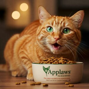 Orange tabby cat excitedly eating Applaws cat food from a branded bowl on the floor.