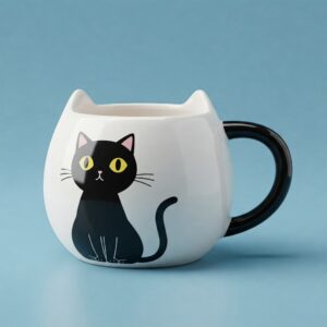 A black cat playfully peeking out from behind the handle of a coffee mug, set against a warm-toned background. 