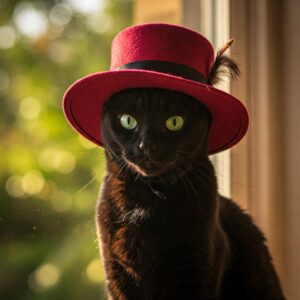 A sleek black cat with piercing green eyes wearing a stylish red fedora hat with a black band and feather.