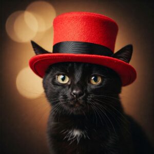 A portrait of a black cat with yellow eyes wearing a bright red top hat with a black band, against a bokeh background.