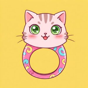 Cute cartoon illustration of a cat face on a playful ring.