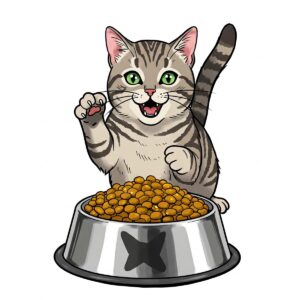 Cartoon-style tabby cat cheerfully waving next to a shiny silver bowl filled with Stella and Chewy’s cat kibble.