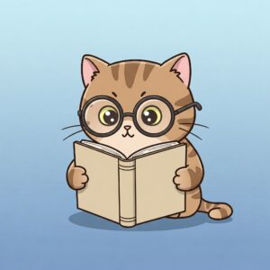 Cute cartoon cat wearing glasses reading a book, representing the concept of "cat book"...