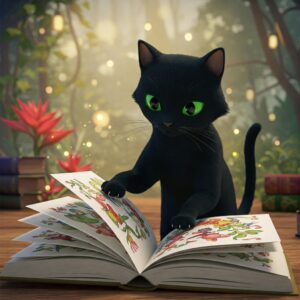 Black animated cat flipping through an illustrated book in a magical forest, inspired by "cat book" themes...