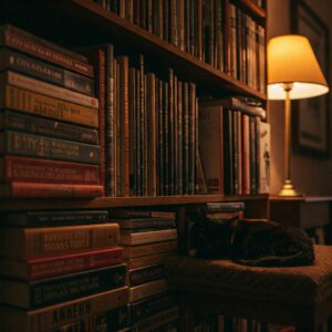 A cozy library filled with books and a black cat resting on a bench, highlighting a "cat book" scene...
