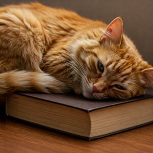 Orange tabby cat laying its head on a closed hardcover book, capturing a relaxed "cat book" moment...