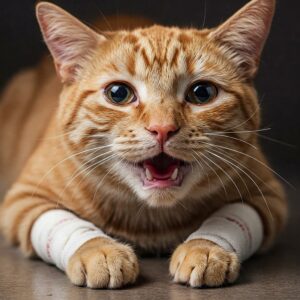 Close-up of an orange cat with bandaged paws after cat declawing surgery…