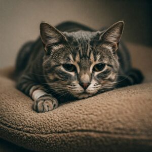 A sad tabby cat resting with a bandaged paw, possibly after cat declawing procedure