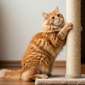 Fluffy orange cat using a scratching post as a humane alternative to cat declawing…