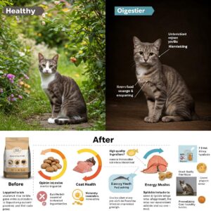 The positive impact of switching to a high-quality food on a cat's health and wellness.