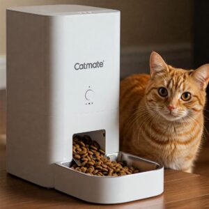 Cat Mate automatic pet feeder dispensing food for a cat.