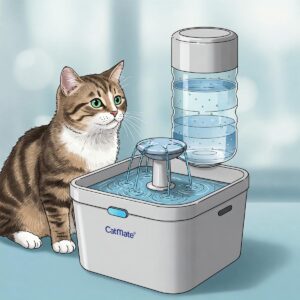Illustration of a Cat Mate pet water fountain providing fresh drinking water.