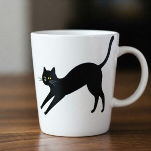 A collage of various mug designs featuring different cat illustrations, styles range from minimal to whimsical. 