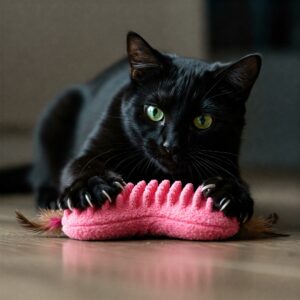 Black cat playing with a pink scratch toy, extending sharp cat nails…