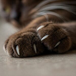 Close-up view of a brown cat’s paws showing long and sharp cat nails…