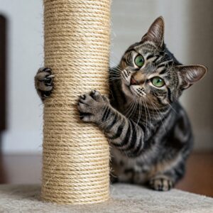 Tabby cat gripping a sisal scratching post tightly with extended cat nails…