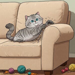 Illustration of a cat attempting to scratch a cat proof couch, highlighting its resistance to damage.