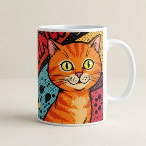 A cartoon-style orange cat sitting on a brightly colored mug, surrounded by playful floral patterns. 