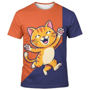 Colorful cartoon illustration of a playful cat design printed on a t-shirt.