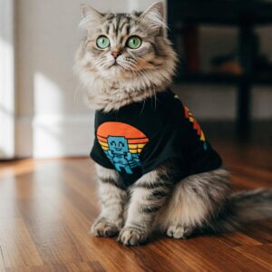 A cute cat wearing a stylish tee shirt, showcasing a unique design.
