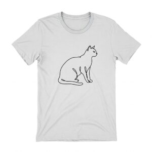 Minimalist line art illustration of a feline silhouette featured on a simple tee.