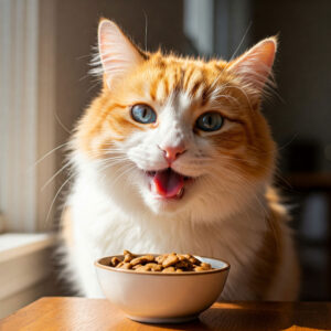 A cute cat from the USA happily eating its delicious food.