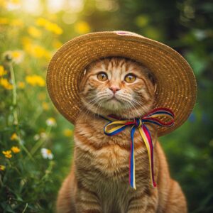 A cute cat wearing a stylish hat, looking directly at the camera.