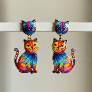 Colorful cat earrings with rainbow enamel design, featuring playful sitting cats and matching cat head studs… 