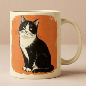 Illustration of a cozy white cat snuggled on top of a steaming coffee mug, giving a relaxed, homey vibe. 