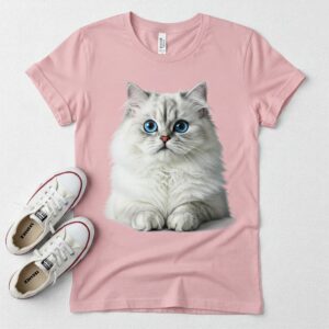 Adorable fluffy white kitten with blue eyes featured on a soft pink T-shirt.