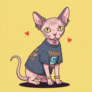 Adorable cartoon illustration of a Sphynx cat wearing a stylish graphic t-shirt.