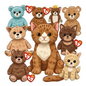 Vector illustration showing different Ty beanie balls, including the Muffin cat.