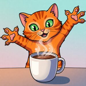 A funny cat face printed on a coffee mug, with exaggerated eyes and a humorous expression. 