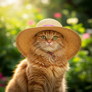 A fluffy ginger cat with green eyes wearing a wide-brimmed straw sunhat adorned with a colorful ribbon, in a sunny outdoor setting.