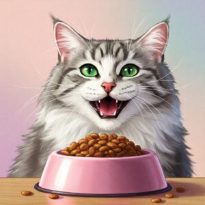  Fluffy cat with bright green eyes smiling over a pink bowl full of Stella and Chewy’s dry cat food.