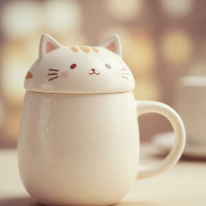 A grumpy-looking cat printed on a vintage-style mug, with muted tones and a nostalgic feel. 