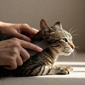 Hand gently using a cat comb to groom a short-haired cat.