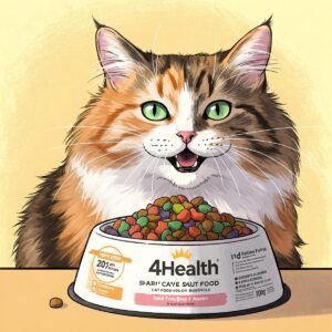 Illustration of a content cat enjoying a bowl of 4health cat food.