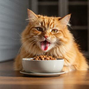 A happy and healthy cat enjoying nutritious food, emphasizing wellness.