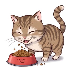 Smiling tabby kitten eating crunchy Stella and Chewy’s food from a red bowl labeled “Crunchy Food”.