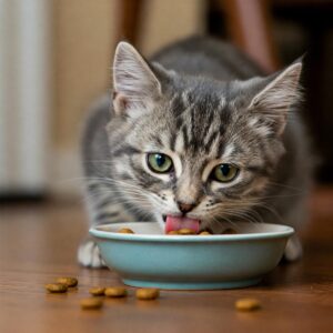 Young kitten licking Stella and Chewy’s dry food from a light blue bowl on hardwood floor.