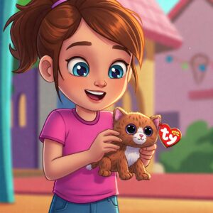 Animated illustration of a child playing with a Ty Muffin cat beanie toy.