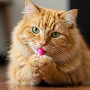  Cat paw showing a single blue nail cap for cats attached to one claw on a neutral background…