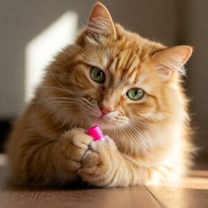 Fluffy orange tabby cat gently holding a pink nail cap for cats while lying on the floor… 