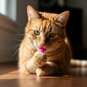 Orange tabby cat chewing on a pink nail cap for cats under warm sunlight…