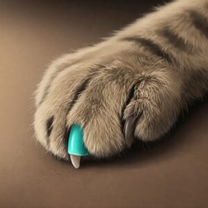 Cat paw showing a single blue nail cap for cats attached to one claw on a neutral background…
